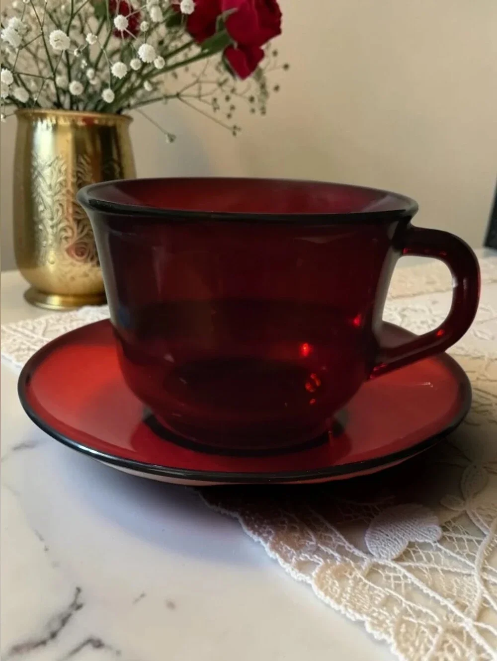 Vtg 1960s Ruby Red Glass Tea Cup & Saucer Made In France By Arcoroc